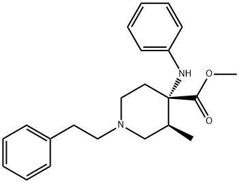 rel-(3S*)-3α*-メチル-4α*-(フェニルアミノ)-1-(2-フェニルエチル)-4-ピペリジンカルボン酸メチル 化学構造式