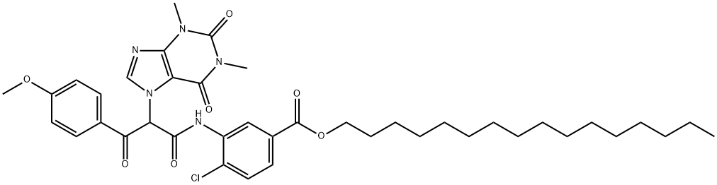 4-クロロ-3-[[3-(4-メトキシフェニル)-1,3-ジオキソ-2-[(1,2,3,6-テトラヒドロ-1,3-ジメチル-2,6-ジオキソ-7H-プリン)-7-イル]プロピル]アミノ]安息香酸ヘキサデシル 化学構造式