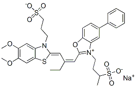 hydrogen 2-[2-[[5,6-dimethoxy-3-(3-sulphonatopropyl)-3H-benzothiazol-2-ylidene]methyl]but-1-enyl]-5-phenyl-3-(3-sulphonatobutyl)benzoxazolium, sodium salt Structure