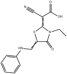 Cyano-(3-ethyl-4-oxo-5-phenylaminomethylene-thiazolidin-2-ylidene)-acetic acid Struktur
