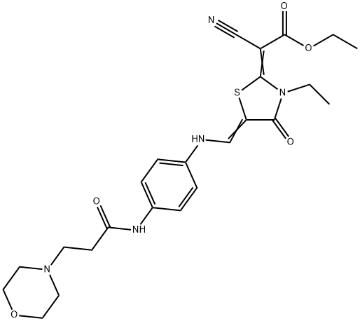 Cyano-(3-ethyl-5-{[4-(3-morpholin-4-yl-propionylamino)-phenylamino]-methylene}-4-oxo-thiazolidin-2-ylidene)-acetic acid ethyl ester 化学構造式