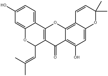 3,3-ジメチル-6,11-ジヒドロキシ-8-(2-メチル-1-プロペニル)-3H,7H,8H-4,9,14-トリオキサジベンゾ[a,j]アントラセン-7-オン 化学構造式