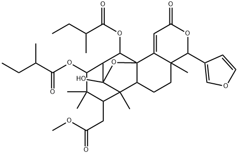 4-(3-Furyl)-4a,5,6,6a,6b,7,8,9,10,10a-decahydro-10a-hydroxy-4a,6b,8,8-tetramethyl-9,12-bis(2-methyl-1-oxobutoxy)-2-oxo-4H-10,11a-methano-2H-benzofuro[2,3-f][2]benzopyran-7-acetic acid methyl ester,62660-19-9,结构式