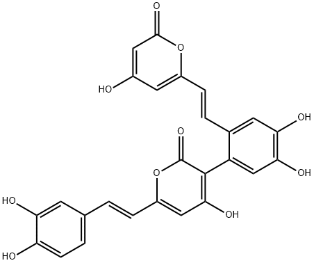 3-[4,5-Dihydroxy-2-[(E)-2-(4-hydroxy-2-oxo-2H-pyran-6-yl)ethenyl]phenyl]-6-[(E)-2-(3,4-dihydroxyphenyl)ethenyl]-4-hydroxy-2H-pyran-2-one Struktur