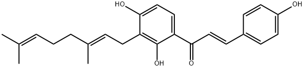 (E)-1-[3-[(E)-3,7-ジメチル-2,6-オクタジエニル]-2,4-ジヒドロキシフェニル]-3-(4-ヒドロキシフェニル)-2-プロペン-1-オン 化学構造式