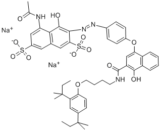 4-［4-（8-アセトアミド-1-ヒドロキシ-3，6-ジスルホナフチルアゾ）フエノキシ］-N-［4-（2，4-ジ-tert-ペンチルフエノキシ）ブチル］-1-ヒドロキシ-2-ナフトアミドジナトリウム塩 化学構造式