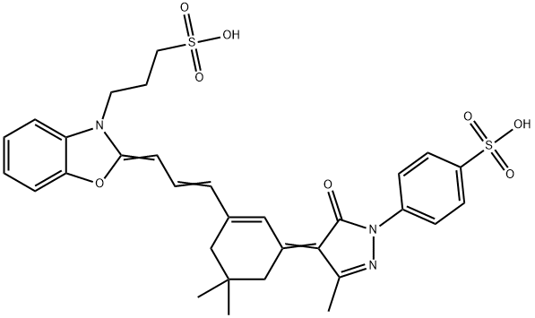 2-[3-[3-[1,5-dihydro-3-methyl-5-oxo-1-(4-sulphophenyl)-4H-pyrazol-4-ylidene]-5,5-dimethylcyclohex-1-en-1-yl]prop-2-enylidene]-2H-benzoxazole-3-propylsulphonic acid,63059-65-4,结构式