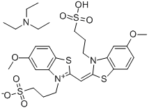 hydrogen 5-methoxy-2-[[5-methoxy-3-(3-sulphonatopropyl)-3H-benzothiazol-2-ylidene]methyl]-3-(3-sulphonatopropyl)benzothiazolium, compound with triethylamine (1:1) Struktur