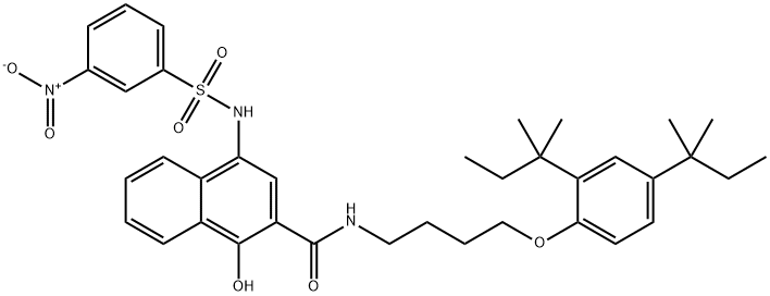 N-[4-[2,4-ビス(1,1-ジメチルプロピル)フェノキシ]ブチル]-1-ヒドロキシ-4-[[(3-ニトロフェニル)スルホニル]アミノ]-2-ナフタレンカルボアミド 化学構造式