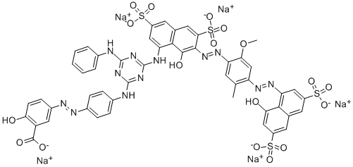 Benzolcarbonsure, 2-Hydroxy-5-[[4-[[4-[[8-hydroxy-7-[[4-[(8-hydroxy-3,6-disulfo-1-naphthalinyl)azo]-2-methoxy-5-methylphenyl]azo]-3,6-disulfo-1-naphthalinyl]amino]-6-(phenylamino)-1,3,5-triazin-2-yl]amino]phenyl]azo]-, Pentanatriumsalz