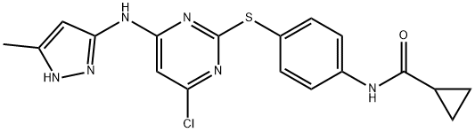 yclopropanecarboxylic acid N-[4-[[4-chloro-6-(5-methyl-2H-pyrazol-3-ylamino)pyrimidin-2-yl]sulfanyl]phenyl]amide 化学構造式