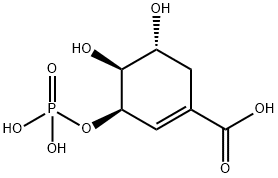 (-)-りん酸[(1R)-3-(カルボキシラト)-5β,6α-ジヒドロキシ-2-シクロヘキセン-1α-イル] 化学構造式
