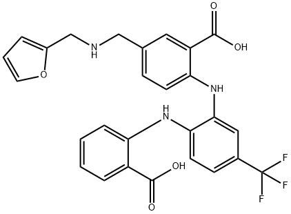 Benzoic  acid,  2-[[2-[(2-carboxyphenyl)amino]-5-(trifluoromethyl)phenyl]amino]-5-[[(2-furanylmethyl)amino]methyl]- Structure