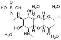 (2R,5aβ,9aα,10aβ)-デカヒドロ-4aβ,7β,9α-トリヒドロキシ-2α-メチル-6β,8β-ビス(メチルアミノ)-4H-ピラノ[2,3-b][1,4]ベンゾジオキシン-4-オン・硫酸塩・4水和物 化学構造式