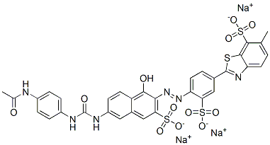 trisodium 2-[4-[[6-[[[[4-(acetamido)phenyl]amino]carbonyl]amino]-1-hydroxy-3-sulphonato-2-naphthyl]azo]-3-sulphonatophenyl]-6-methylbenzothiazole-7-sulphonate Structure