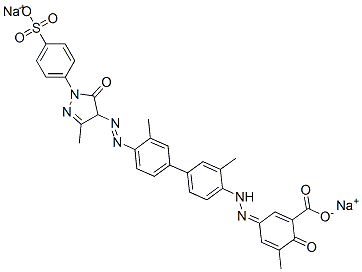 5-[[4'-[[4,5-ジヒドロ-3-メチル-5-オキソ-1-(4-スルホフェニル)-1H-ピラゾール-4-イル]アゾ]-3,3'-ジメチル[1,1'-ビフェニル]-4-イル]アゾ]-2-ヒドロキシ-3-メチル安息香酸ジナトリウム 化学構造式