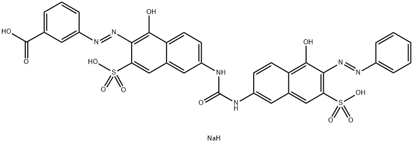 trisodium 3-[[1-hydroxy-6-[[[[5-hydroxy-6-(phenylazo)-7-sulphonato-2-naphthyl]amino]carbonyl]amino]-3-sulphonato-2-naphthyl]azo]benzoate Structure