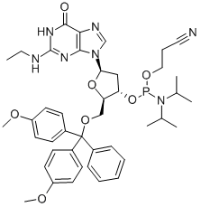 5'-O-[二(4-甲氧基苯基)苯基甲基]-2'-脱氧-N-乙基-鸟苷 3'-[2-氰基乙基 二异丙基氨基亚磷酸酯],642462-81-5,结构式
