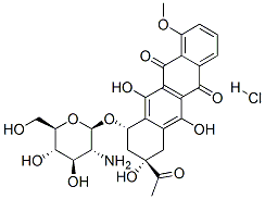 5,12-Naphthacenedione, 8-acetyl-10-((2-amino-2-deoxy-beta-D-glucopyran osyl)oxy)-7,8,9,10-tetrahydro-6,8,11-trihydroxy -1-methoxy-, hydrochlo ride, (8S-cis)- 化学構造式