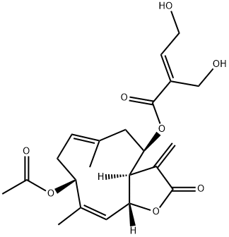 (E)-4-ヒドロキシ-2-ヒドロキシメチル-2-ブテン酸[(3aR,4R,6E,9R,10Z,11aR)-9-アセトキシ-2,3,3a,4,5,8,9,11a-オクタヒドロ-6,10-ジメチル-3-メチレン-2-オキソシクロデカ[b]フラン-4-イル] 化学構造式