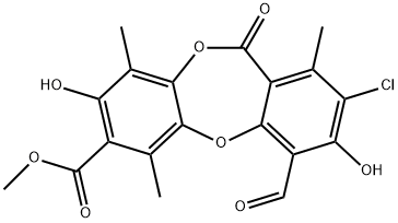 2-Chloro-4-formyl-3,8-dihydroxy-1,6,9-trimethyl-11-oxo-11H-dibenzo[b,e][1,4]dioxepin-7-carboxylic acid methyl ester 结构式