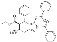 2H-Indazole-5-carboxylic acid, 4,5,6,7-tetrahydro-, 2-benzoyl-3-(benzo yloxy)-6-hydroxy-6-methyl-4-phenyl-, ethyl ester, (4-alpha,5-beta,6-al pha)- 结构式