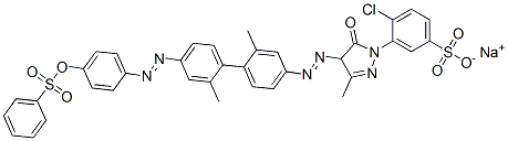 sodium 4-chloro-3-[4-[[2,2'-dimethyl-4'-[[4-[(phenylsulphonyl)oxy]phenyl]azo][1,1'-biphenyl]-4-yl]azo]-4,5-dihydro-3-methyl-5-oxo-1H-pyrazol-1-yl]benzenesulphonate Structure