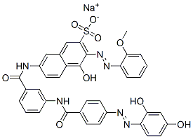 4-Hydroxy-7-[[3-[[4-[(2,4-dihydroxyphenyl)azo]benzoyl]amino]benzoyl]amino]-3-[(2-methoxyphenyl)azo]naphthalene-2-sulfonic acid sodium salt Struktur