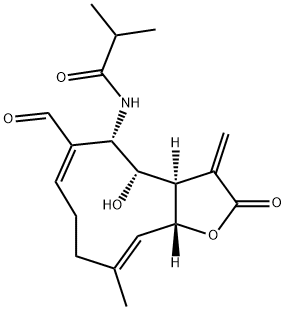 N-[(3aR,4S,5S,6E,10E,11aR)-6-ホルミル-2,3,3a,4,5,8,9,11a-オクタヒドロ-4-ヒドロキシ-10-メチル-3-メチレン-2-オキソシクロデカ[b]フラン-5-イル]-2-メチルプロピオンアミド 化学構造式