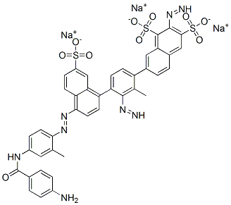 trisodium 7-[4-[4-[4-[(4-aminobenzoyl)amino]-2-methyl-phenyl]diazenyl- 7-sulfonato-naphthalen-1-yl]diazenyl-2-methyl-phenyl]diazenylnaphthale ne-1,3-disulfonate Structure