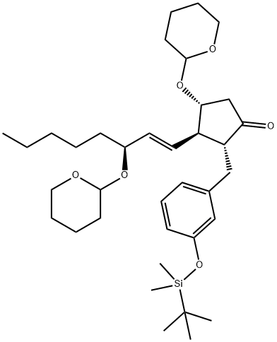Cyclopentanone, 2-[[3-[[(1,1-diMethylethyl)diMethylsilyl]oxy]phenyl]Methyl]-4-[(tetrahydro-2 H-pyran-2-yl)oxy]-3-[3-[(tetrahydro-2H-pyran-2-yl)oxy]-1-octenyl]-, [2R-[2a,3b(1E,3S*),4a]]- Structure