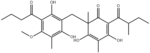 (6S)-6-[(3-ブタノイル-2,6-ジヒドロキシ-4-メトキシ-5-メチルフェニル)メチル]-3,5-ジヒドロキシ-4,6-ジメチル-2-[(2R)-2-メチルブタノイル]シクロヘキサ-2,4-ジエン-1-オン 化学構造式
