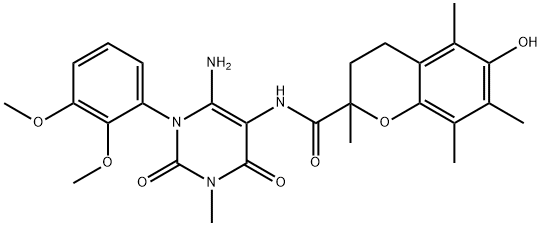 2H-1-Benzopyran-2-carboxamide,  N-[6-amino-1-(2,3-dimethoxyphenyl)-1,2,3,4-tetrahydro-3-methyl-2,4-dioxo-5-pyrimidinyl]-3,4-dihydro-6-hydroxy- 结构式