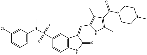 N-(3-氯苯基)-N-甲基-3-[[3,5-二甲基-4-[(4-甲基哌嗪-1-基)羰基-1H-吡咯-2-基]亚甲基]-2-氧代-2,3-二氢-1H-吲哚-5-磺酰胺, 658084-23-2, 结构式