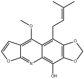 9-メトキシ-10-(3-メチル-2-ブテニル)-1,3-ジオキソロ[4,5-g]フロ[2,3-b]キノリン-4-オール 化学構造式