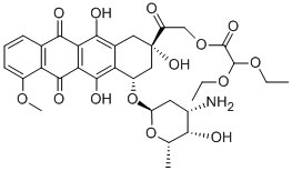 ジエトキシ酢酸2-[[(2S)-4α-[(3-アミノ-2,3,6-トリデオキシ-α-L-lyxo-ヘキソピラノシル)オキシ]-1,2,3,4,6,11-ヘキサヒドロ-2α,5,12-トリヒドロキシ-7-メトキシ-6,11-ジオキソナフタセン]-2-イル]-2-オキソエチル 化学構造式