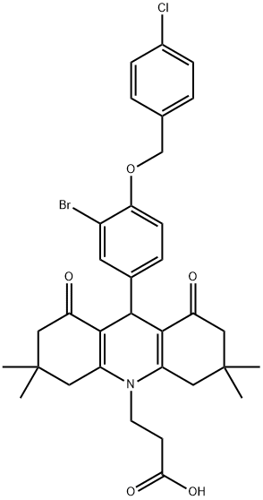 3-(9-(3-broMo-4-(4-chlorobenzyloxy)phenyl)-3,3,6,6-tetraMethyl-1,8-dioxo-1,2,3,4,5,6,7,8-octahydroacridin-10(9H)-yl)propanoic acid Struktur