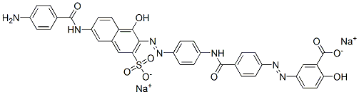 5-[[4-[[[4-[[6-[(4-アミノベンゾイル)アミノ]-1-ヒドロキシ-3-[(ソジオオキシ)スルホニル]-2-ナフチル]アゾ]フェニル]アミノ]カルボニル]フェニル]アゾ]-2-ヒドロキシ安息香酸ナトリウム 化学構造式