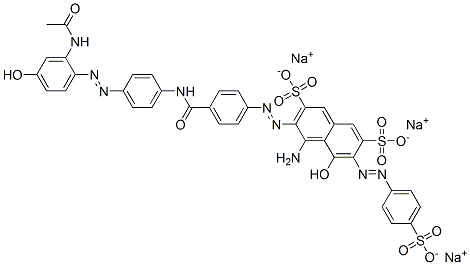 3-[[4-[[[4-[[2-(アセチルアミノ)-4-ヒドロキシフェニル]アゾ]フェニル]アミノ]カルボニル]フェニル]アゾ]-4-アミノ-5-ヒドロキシ-6-[(4-スルホフェニル)アゾ]-2,7-ナフタレンジスルホン酸三ナトリウム 化学構造式