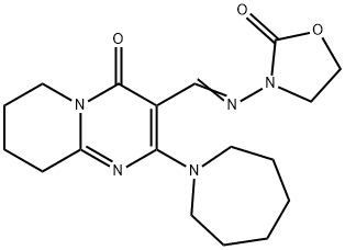 6,7,8,9-Tetrahydro-2-(hexahydro-1H-azepin-1-yl)-3-[(2-oxooxazolidin-3-yl)iminomethyl]-4H-pyrido[1,2-a]pyrimidin-4-one Struktur