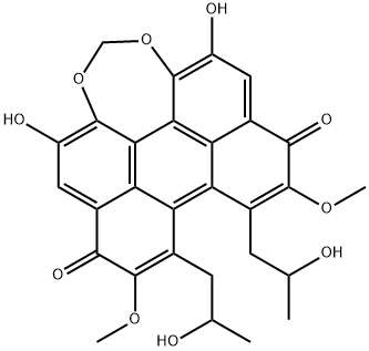 4,13-Dihydroxy-8,9-bis(2-hydroxypropyl)-7,10-dimethoxyperylo[1,12-def]-1,3-dioxepin-6,11-dione Struktur