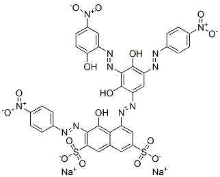5-[[2,4-ジヒドロキシ-3-[(2-ヒドロキシ-5-ニトロフェニル)アゾ]-5-[(4-ニトロフェニル)アゾ]フェニル]アゾ]-4-ヒドロキシ-3-[(4-ニトロフェニル)アゾ]-2,7-ナフタレンジスルホン酸ジナトリウム 化学構造式