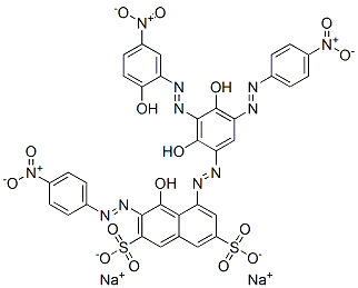 disodium 5-[[2,4-dihydroxy-3-[(2-hydroxy-5-nitrophenyl)azo]-5-[(4-nitrophenyl)azo]phenyl]azo]-4-hydroxy-3-[(4-nitrophenyl)azo]naphthalene-2,7-disulphonate Struktur