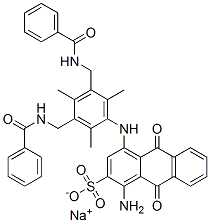 sodium 1-amino-4-[[3,5-bis[(benzoylamino)methyl]-2,4,6-trimethylphenyl]amino]-9,10-dihydro-9,10-dioxoanthracene-2-sulphonate Struktur