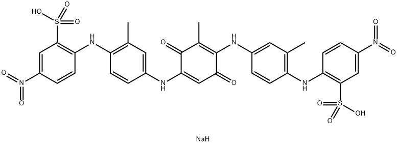disodium 2,2'-[(2-methyl-3,6-dioxo-1,4-cyclohexadiene-1,4-diyl)bis[imino(2-methyl-4,1-phenylene)imino]]bis(5-nitrobenzenesulphonate)  Struktur