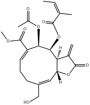 (3aS,4S,5R,6E,10E,11aR)-5-アセトキシ-2,3,3a,4,5,8,9,11a-オクタヒドロ-10-ヒドロキシメチル-3-メチレン-4-[[(Z)-2-メチル-1-オキソ-2-ブテニル]オキシ]-2-オキソシクロデカ[b]フラン-6-カルボン酸メチル 化学構造式