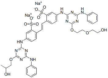 disodium 5-[[6-anilino-4-[2-(2-hydroxyethoxy)ethoxy]-1,3,5-triazin-2-yl]amino]-2-[2-[4-[[6-anilino-4-(2-hydroxypropoxy)-1,3,5-triazin-2-yl]amino]-2-sulphonatophenyl]vinyl]benzenesulphonate Struktur