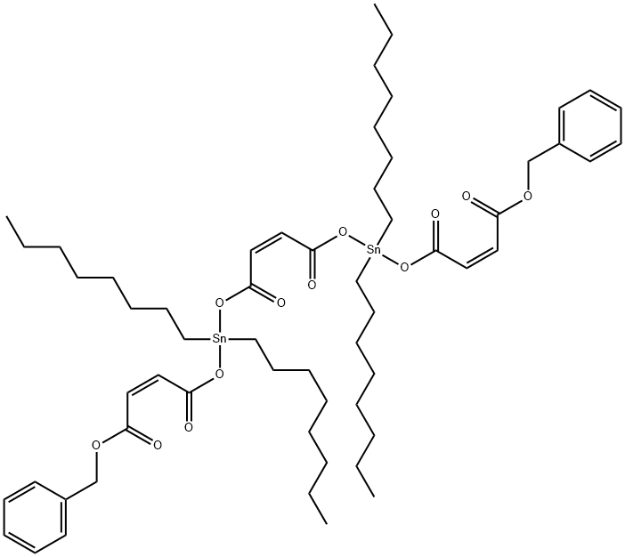 (2Z,9Z,16Z)-6,6,13,13-テトラオクチル-4,8,11,15-テトラオキソ-5,7,12,14-テトラオキサ-6,13-ジスタンナオクタデカ-2,9,16-トリエン二酸ジベンジル 化学構造式