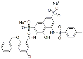3-[[5-クロロ-2-(フェニルメトキシ)フェニル]アゾ]-4-ヒドロキシ-5-[[(4-メチルフェニル)スルホニル]アミノ]-2,7-ナフタレンジスルホン酸ジナトリウム 化学構造式