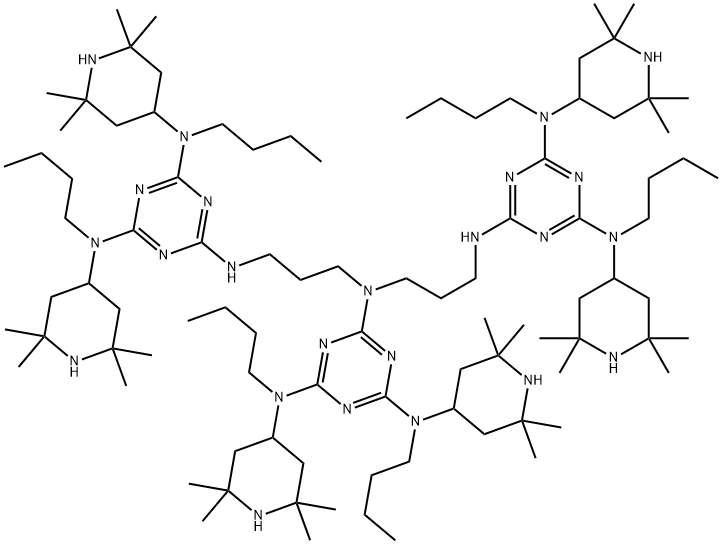 N2,N2-bis[3-[[4,6-bis[butyl(2,2,6,6-tetramethyl-4-piperidyl)amino]-1,3,5-triazin-2-yl]amino]propyl]-N4,N6-dibutyl-N4,N6-bis(2,2,6,6-tetramethyl-4-piperidyl)-1,3,5-triazine-2,4,6-triamine Structure